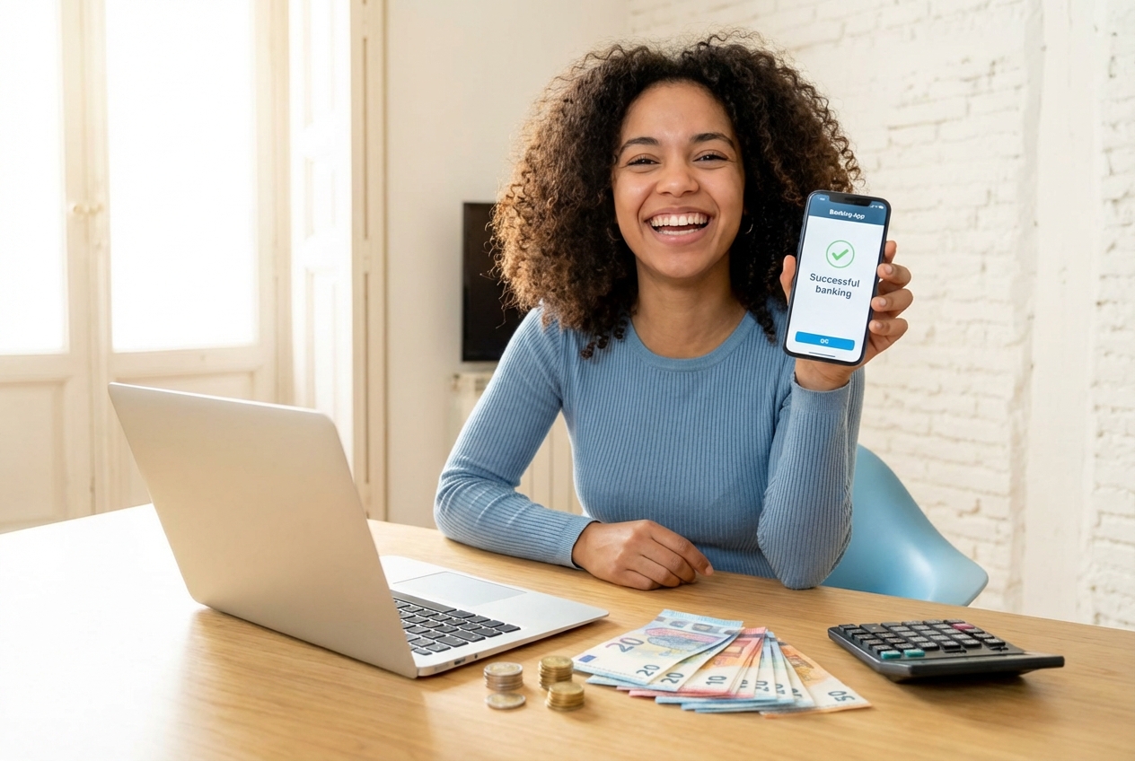 Femme heureuse utilisant une application bancaire sur smartphone